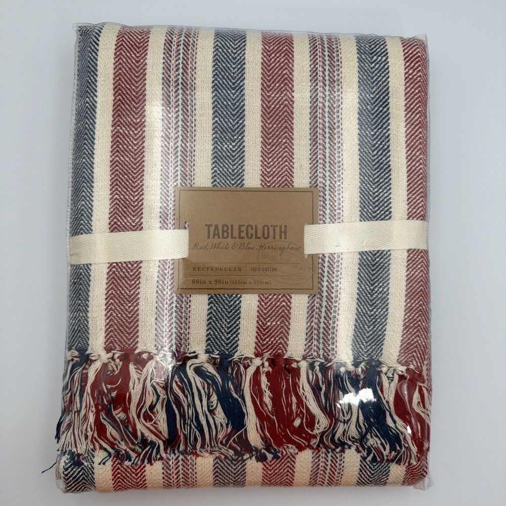 Patriotic Americana World Market Tablecloth Red White Blue Herringbone 60"x90"